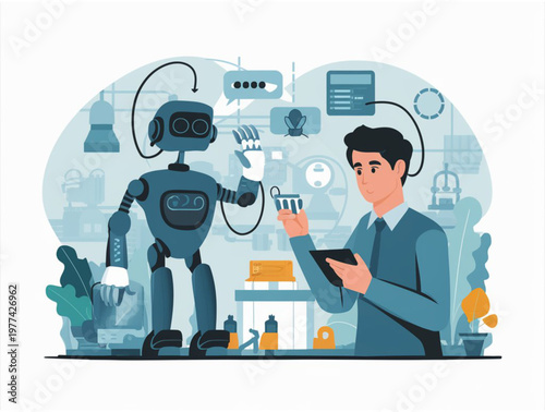 Man in a professional suit interacts with a humanoid robot in a futuristic office setting. AI and technology theme.