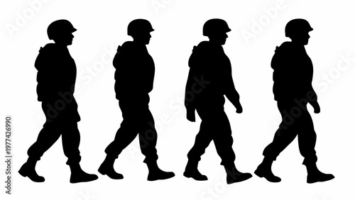 Soldiers in tactical gear walking in formation on white background side view silhouettes