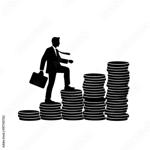 Silhouette of a businessman climbing a staircase made of coins represents ambition and career advancement in finance.
