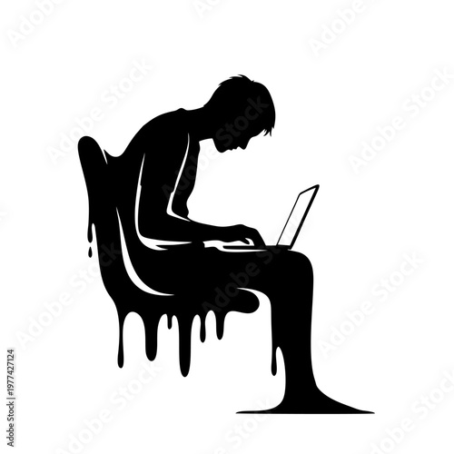 Silhouette of a person sitting on a melting chair while using a laptop illustrates the concept of burnout and stress.