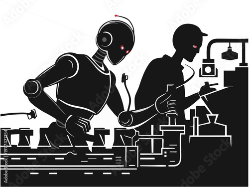 Silhouettes of two DJs performing with headphones and turntables in a vibrant, energetic music setup. Abstract black and white style.