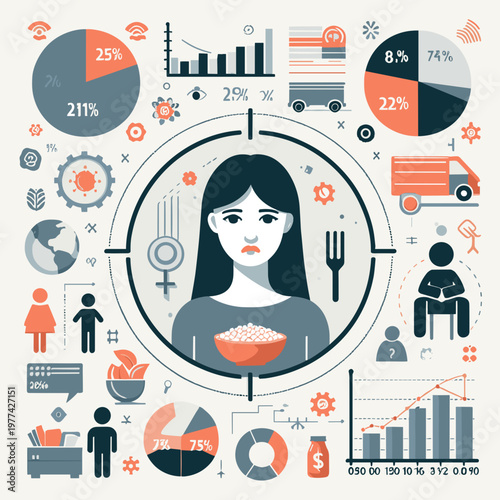 Sad woman with bowl of cereal surrounded by infographics and icons showing statistics