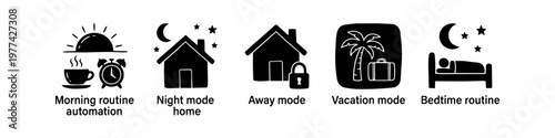 Hand-drawn smart home automation icons representing morning routine, night mode, away, vacation, and bedtime settings. Black silhouette vector illustrations for app UI and web design.