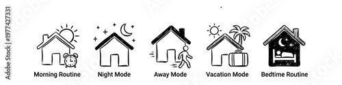 Set of hand-drawn smart home automation icons for morning routine, night mode, away mode, vacation mode, and bedtime routine. Doodle style sketch on white background.