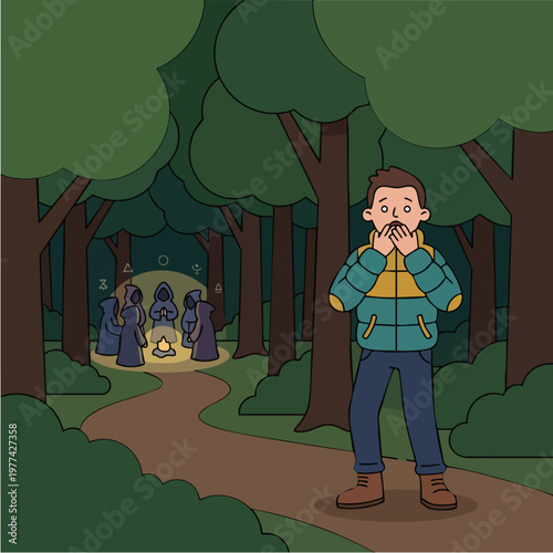 Young boy in a forest looking scared.
