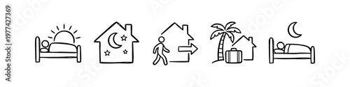 Hand-drawn icon set representing daily routine and travel concepts: waking up, staying home, leaving for a trip, vacation, and sleeping. Minimalist black line art doodles on white background.