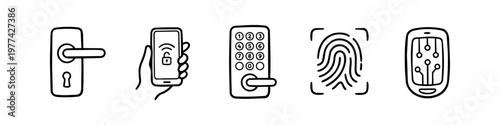 Set of hand-drawn minimalist icons for home security, featuring traditional door locks, keypad entry, fingerprint biometrics, smartphone remote access, and electronic circuit key fobs.