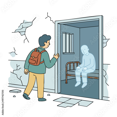 Young boy with backpack encounters a ghost in a derelict room.