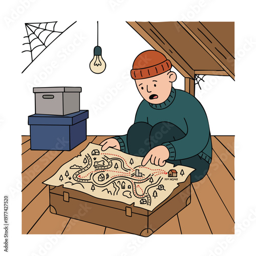 Young boy studying an old treasure map in an attic.