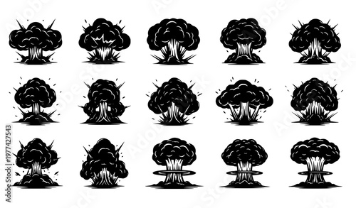 A set of black and white vector explosion icons in various styles