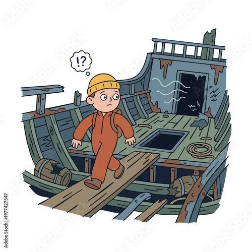 Young explorer cautiously walks onto a dilapidated shipwreck.
