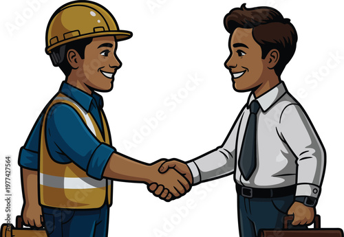 Construction Engineer and Business Executive Handshaking on Building Site for Project Approval Contract Agreement and Successful Real Estate Development Partnership Collaboration