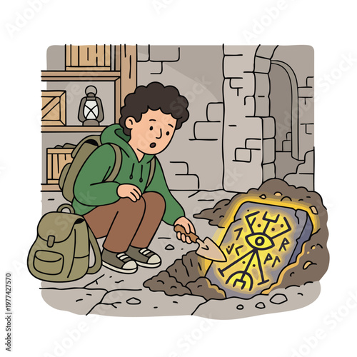Young explorer discovers ancient rune stone with eye symbol.