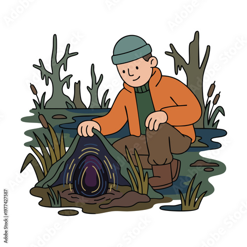 Young explorer discovers mysterious glowing egg in swamp.