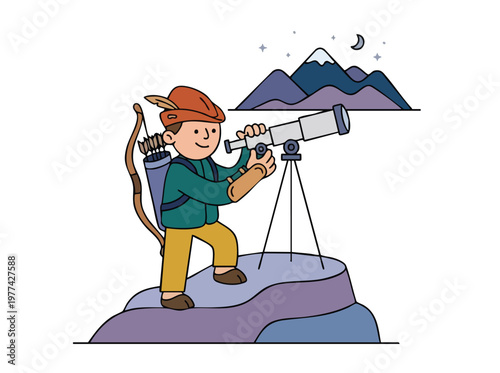 Young explorer with telescope and bow observes the night sky.