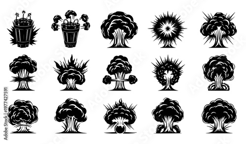 A collection of black and white vector explosion icons and illustrations