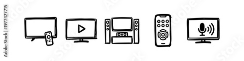 Hand-drawn doodle icons of home entertainment equipment featuring smart TVs, remote controls, a home theater setup, and voice command interface on a clean white background.