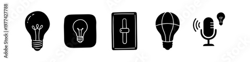 Set of minimalist black icons for smart home lighting, featuring various light bulb designs, a sliding dimmer switch, and a microphone for voice activation on a white background.
