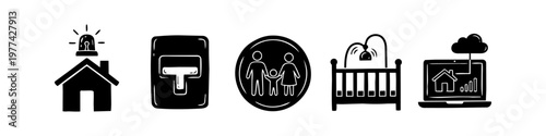 Hand-drawn smart home and security icons including a house alarm, light switch, family protection, baby crib monitor, and remote laptop surveillance. Minimalist black ink style.