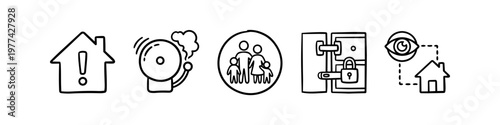 Hand-drawn home security icon set featuring house alert, fire alarm bell, family protection, locked door, and surveillance monitoring. Minimalist black line art for safety and insurance concepts.