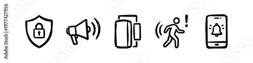 Hand-drawn home security and alarm icons set featuring shield protection, megaphone siren, door sensor, motion detection, and smartphone notification doodle illustrations.