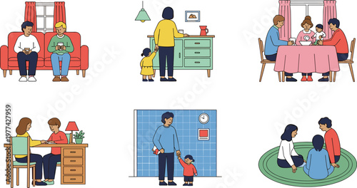 Family Everyday Activities Vector Set with Parents and Children at Home Watching TV, Studying, Dining and Playing for Lifestyle Illustration Collection