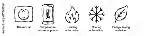 Set of hand-drawn doodle icons for smart home climate control, including a thermostat, mobile app, heating flame, cooling snowflake, and energy-saving leaf icon. Sketchy black and white style.