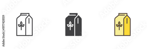 Flour bag icon set featuring paper sack in line, filled outline and solid styles. Color vector icon sign symbol for baking goods. Flour icon for kitchen and grocery.