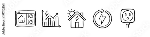 Set of hand-drawn smart home energy icons including monitoring tablet, consumption chart, solar powered house, renewable energy symbol, and power outlet in a doodle sketch style.