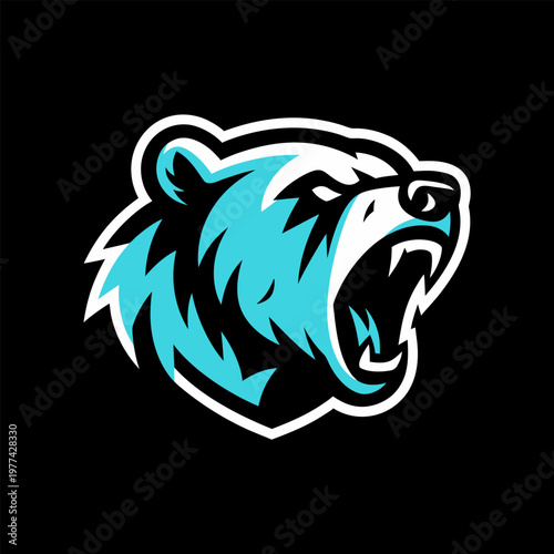 Angry Grizzly Bear Head Esports Mascot Logo with Aggressive Blue and White Fur Roaring for twitch gaming