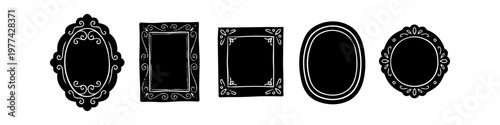 Set of hand-drawn vintage frames in black silhouette. Ornate oval, rectangular, and square borders for photos, mirrors, or gallery wall art. Decorative doodle style illustration on white background.