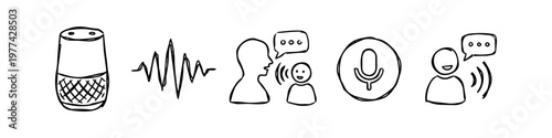 Hand-drawn doodle set of voice assistant and smart home technology icons, featuring a smart speaker, sound waves, microphone, and person speaking, isolated on white background.