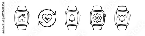 Hand-drawn doodle set of smartwatch icons representing home automation, heart health monitoring, notifications, and settings in a minimalist black and white sketch style.