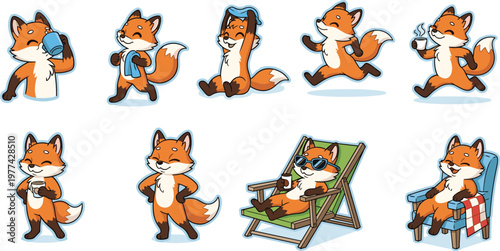 Cute Fox Cartoon Character Set with Different Poses Including Drinking Coffee, Walking, Relaxing on Chair and Playful Actions for Kids Mascot Illustration