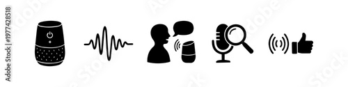 Set of black icons representing voice assistant technology, including a smart speaker, sound waves, voice search, and user interaction, isolated on a white background.
