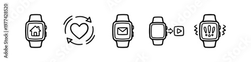 Set of minimalist hand-drawn smartwatch icons featuring smart home control, heart rate monitoring, email notifications, media playback, and vibration alerts. Black line art on white background.