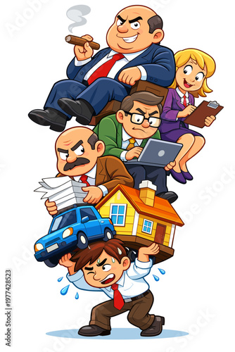 Businessman carrying heavy burden of work and responsibilities represented by people and objects