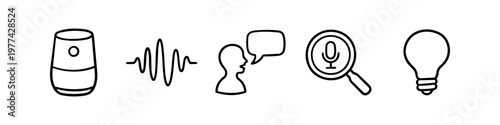 Set of line icons for voice control, smart home assistants, and AI technology, including smart speaker, sound wave, person talking, voice search, and a light bulb on a white background.