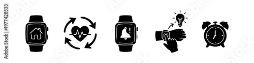 Collection of minimalist black icons representing smartwatch technology, featuring smart home integration, health tracking, heart rate monitoring, notifications, and time management features.