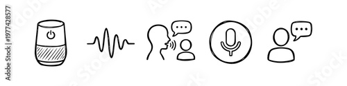 Set of hand-drawn doodle icons representing voice recognition technology, featuring a smart speaker, sound wave, microphone, and speech bubbles for smart home and AI assistant concepts.
