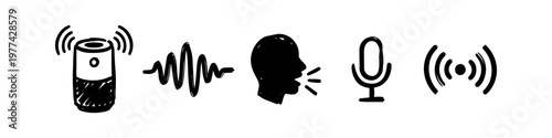 Hand-drawn voice recognition and smart speaker icons. Hand-sketched doodles of AI assistants, sound waves, microphones, and wireless communication in black ink on a white background.
