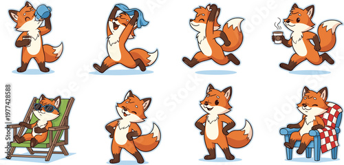 Cute Fox Cartoon Character Set with Different Actions Including Drinking, Relaxing, Dancing and Sitting for Kids Illustration and Animal Mascot Design