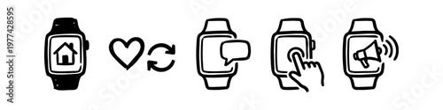 Hand-drawn collection of smartwatch icons featuring smart home control, health tracking, messaging, touch interaction, and alert notifications in a minimalist doodle style.