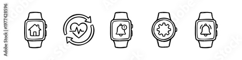 Set of hand-drawn smartwatch icons for health tracking, notifications, and home control. Minimalist black and white doodle style for wearable technology and digital interface design.