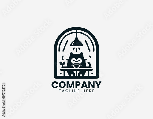 Cute cat sitting with coffee cup inside cozy window frame in clean minimal black vector logo illustration style on a white background
