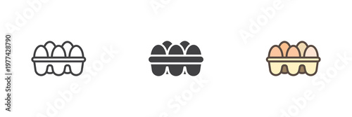 Egg carton icon set with eggs box in line, filled outline and solid styles. Color vector icon sign symbol for poultry product. Eggs icon for breakfast and grocery.