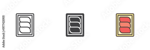 Meat pack icon set with fillet tray in line, filled outline and solid styles. Color vector icon sign symbol for fresh meat. Meat icon for butcher and grocery.