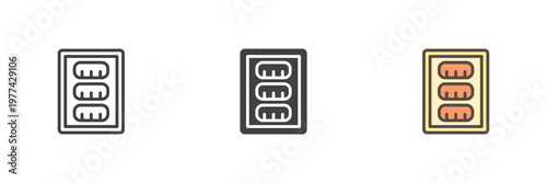 Sausage pack icon set showing meat package in line, filled outline and solid styles. Color vector icon sign symbol for processed food. Sausage icon for grocery.