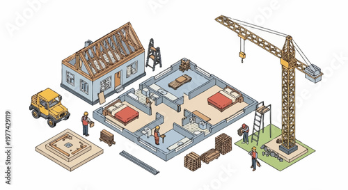 Construction of a house with a crane and blueprint.