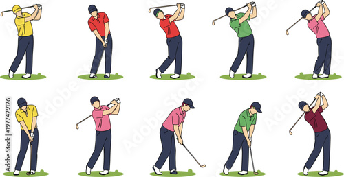 Golf Player Swing Sequence Vector Set with Different Shots, Poses and Techniques for Sport Training, Outdoor Activity and Professional Golf Illustration